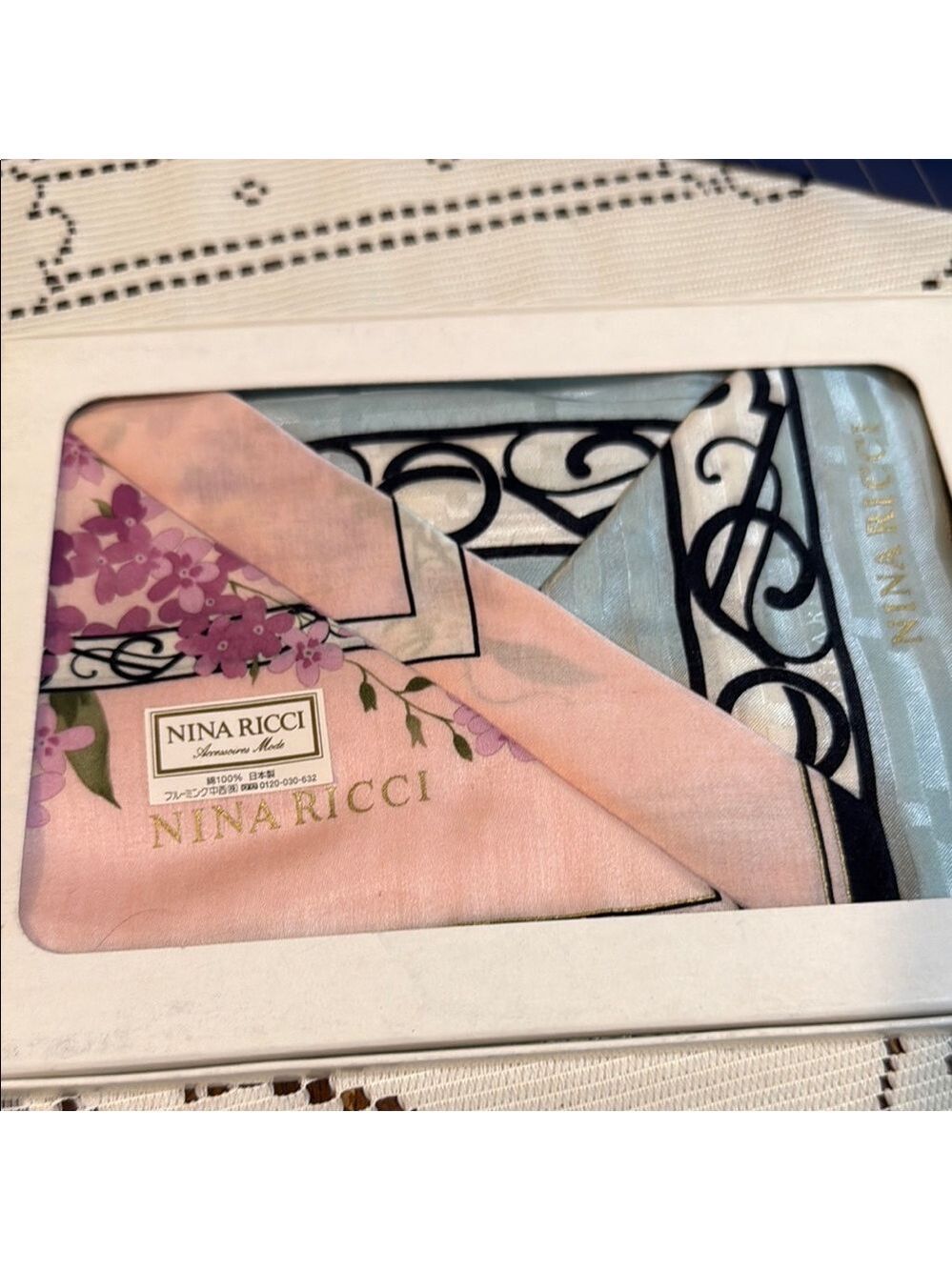 Nina Ricci Floral Pink and Blue Scarf set of 2 cotton